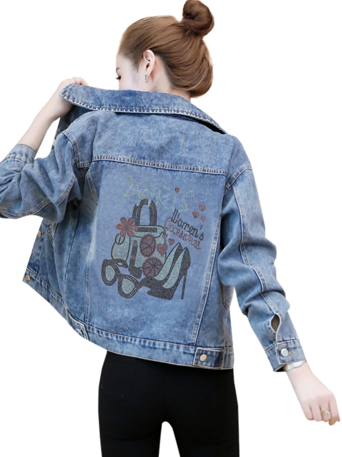 Printemps automne 2025 ample coréen Sle Denim Jaet ort vêtements d'extérieur femmes minceur polyvalent strass à motifs Jaet