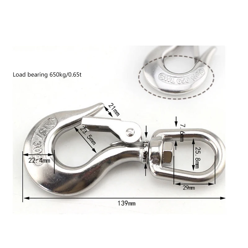 1pc Lifting Cargo Hook 360 Degree Rotation Thick Body Anti-off 304 Stainless Steel Load 150/350/650/1000/1500kg