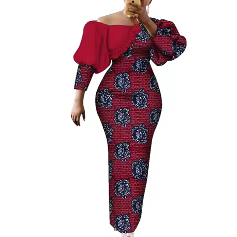 Women Dress African Print Cotton Puff Sleeve Evening Dress African Clothes for Women Elegant Bodycon Long Party Dress WY2122