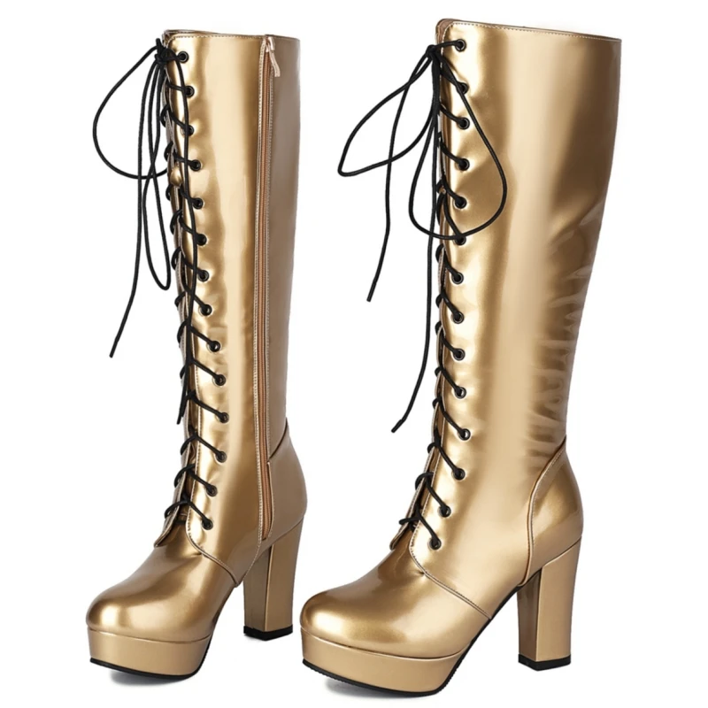 High Heels Platform Knee High Boots Women Sexy Lace-up White Black Red Gold Silver Nightclub Party Long Shoes Lady Large Size 46 view 3