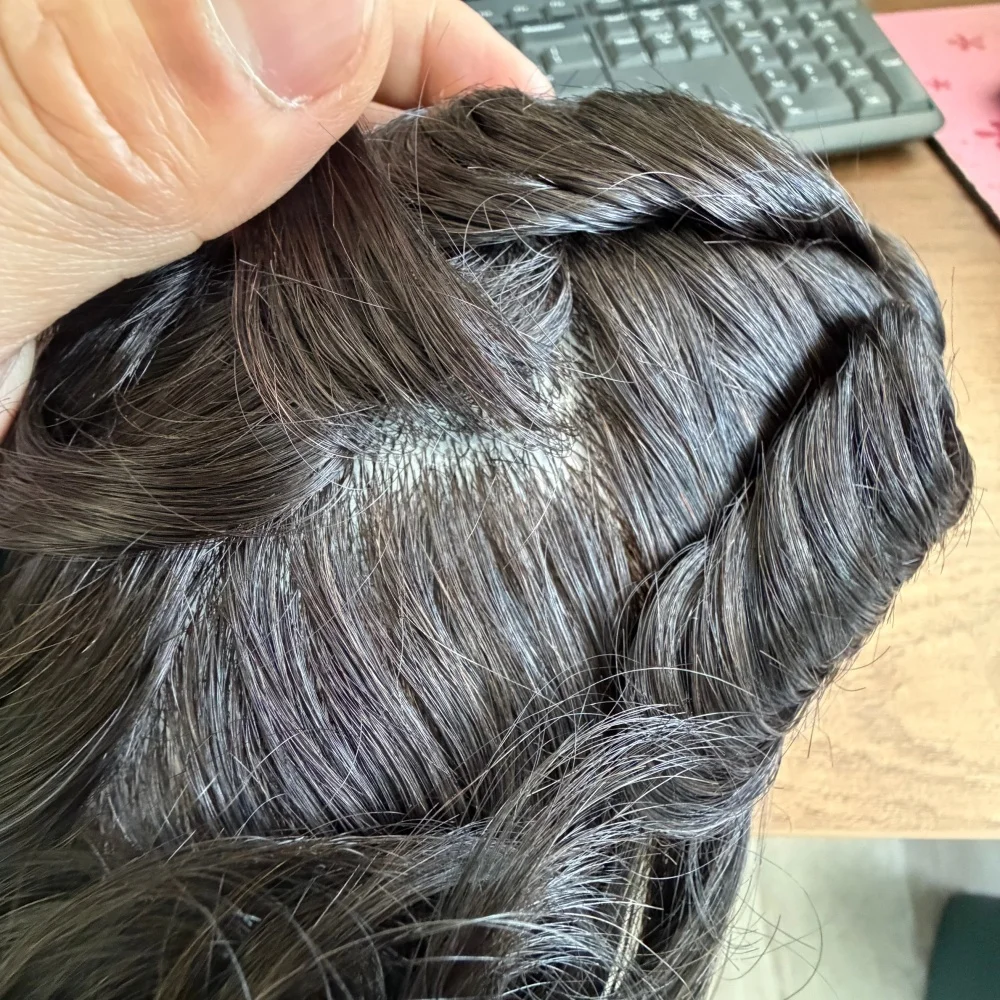 0.10mm Thin Full Skin Injection Mens Hair Toupee Wavy Natural Hairline Remy Human Hair Replacement System Capillary Prosthesis