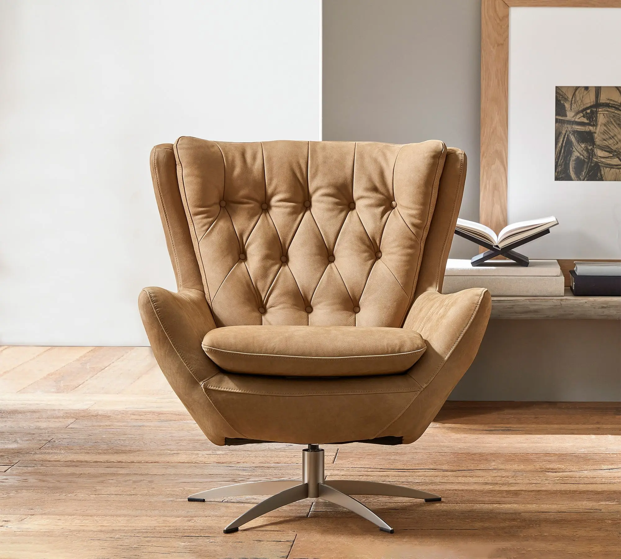 #Tufted Back Lounge Chair 360 Degree Swivel Mechanism Mortise Tenon Joinery Steel Frame  Contract Grade Accent Chair