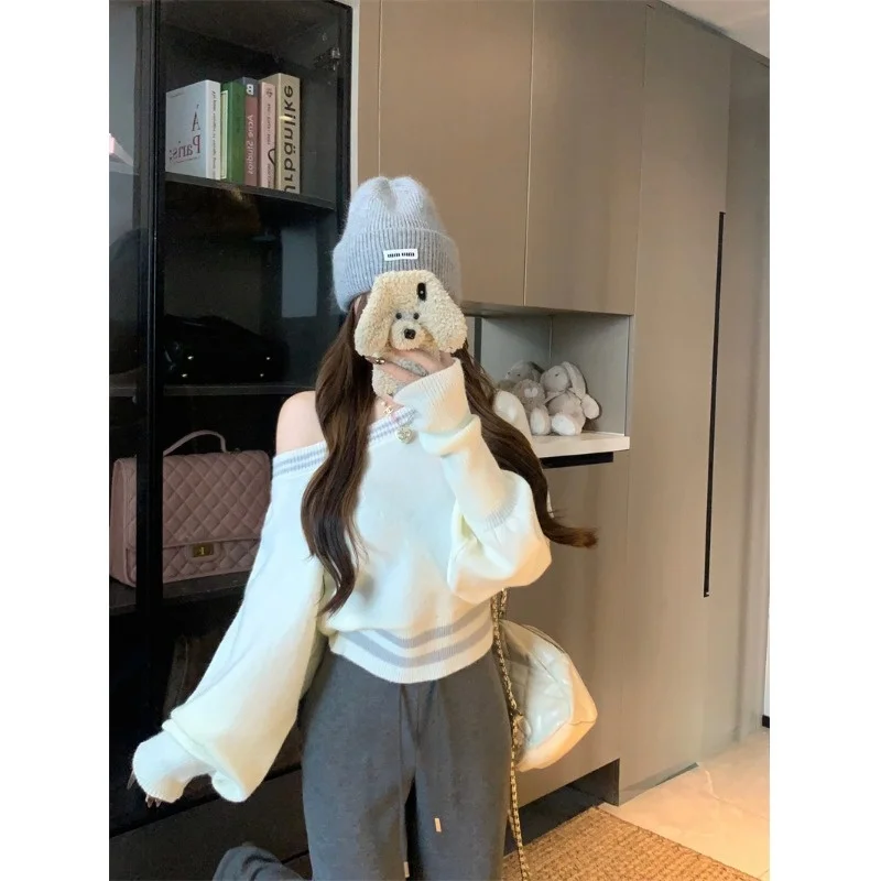 

Ele ort Sve Женский свитер oulder Bared Long Sve с наклонным воротником Slim Fit Удобный однотонный трикотаж на осень