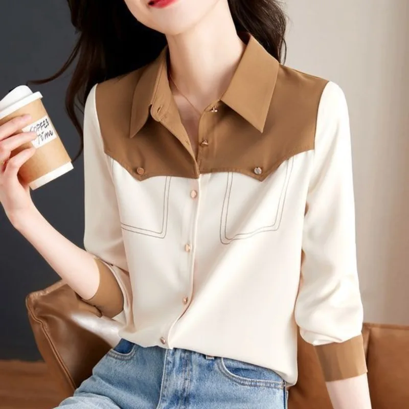 

2023Women's Spring Autumn New Fashion Elegant Polo Neck Long sleeved Loose Colored Shirt Casual Versatile Western Commuter Tosp