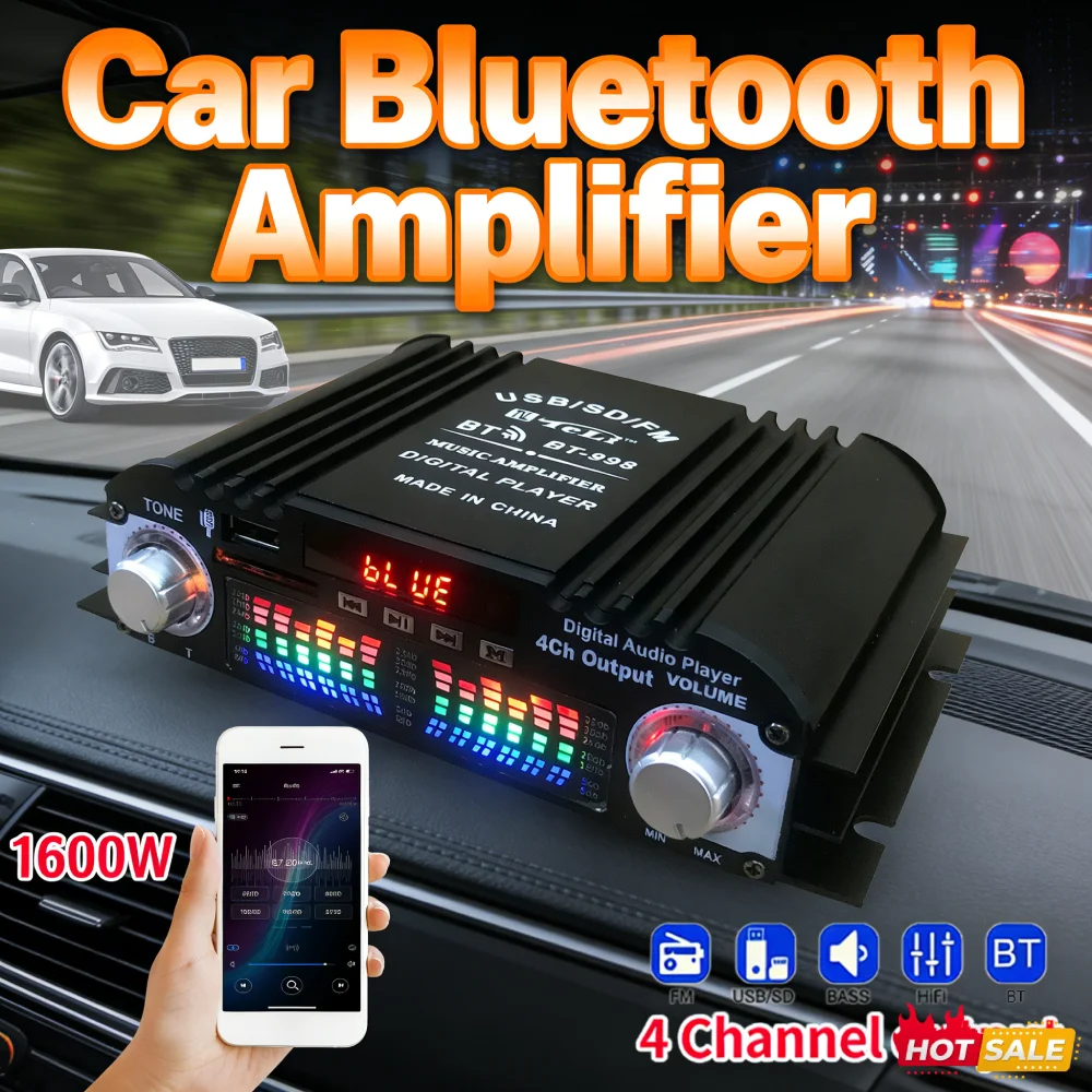 1600W Peak Power Karaoke Player Remote Control Bluetooth-Compatible Home Car Power Amplifier FM USB Mini HIFI Digital Stereo Amp