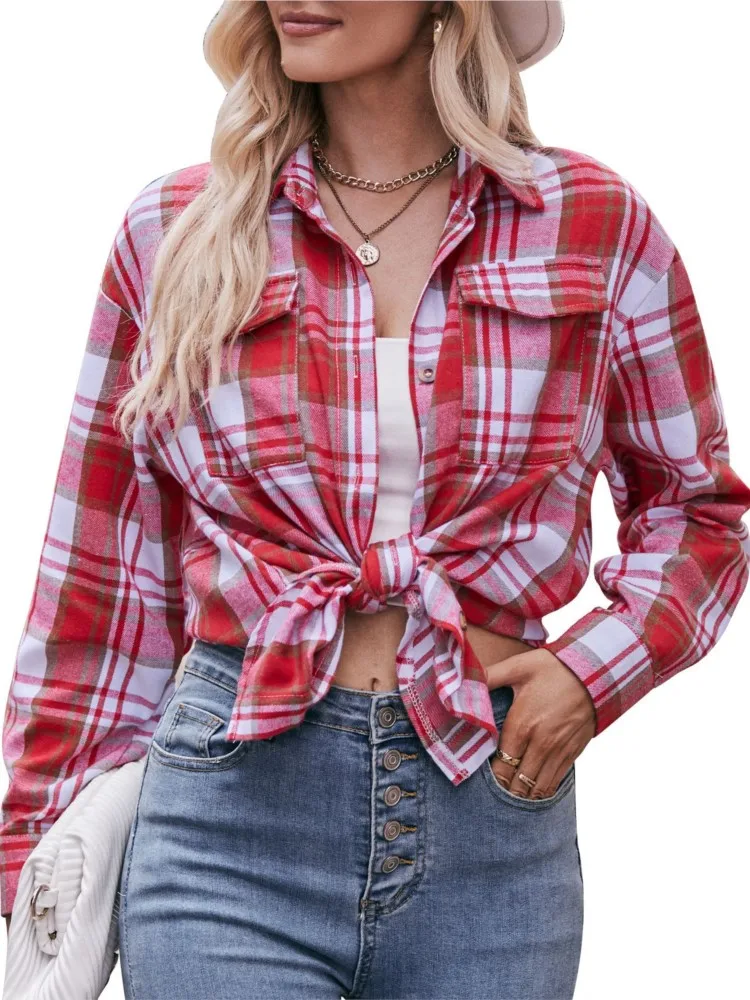 

Women's New Autumn Winter Fashion Single Breasted Printed Plaid Belt Pocket Casual Comfortable Lapel Long Sleeved Shirt