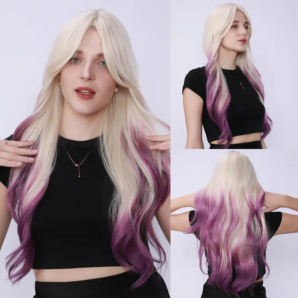 

European and American eight-character bangs wig beige gradual change purple big wave long curly hair animation wind women wig co