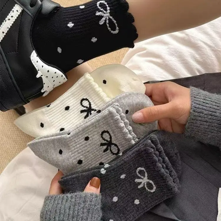 4 пары осенних новых женских хлопковых носков до щиколотки в корейском стиле с бантом в горошек