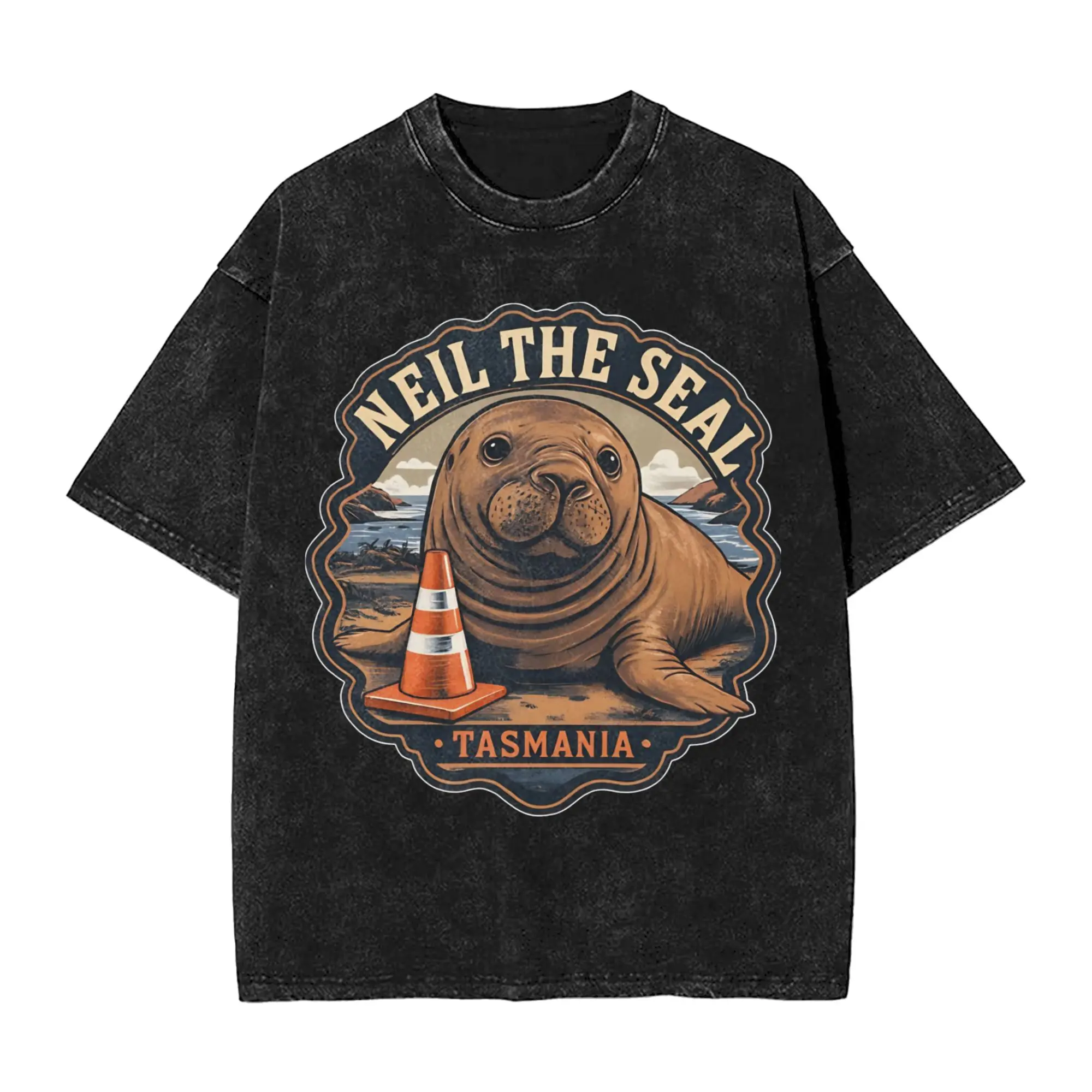 Washed T Shirt Neil the Seal Funny Viral Ocean Animal Illustration Cool T-Shirt Oversize  Streetwear Summer Tops Tees Men Women
