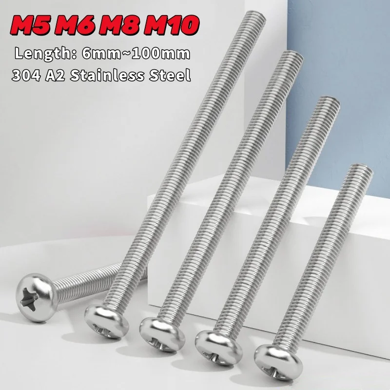 M5 M6 M8 M10 304 A2 Stainless Steel Phillips Cross Round Pan Head Bolt Extra Long Machine Screws for Equipment Assembly