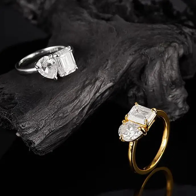 925 Sterling Silber 2-Karat Moissanit Paar-Ring (Doppelstein-Design/Ehering) – Unisex – Detail 5