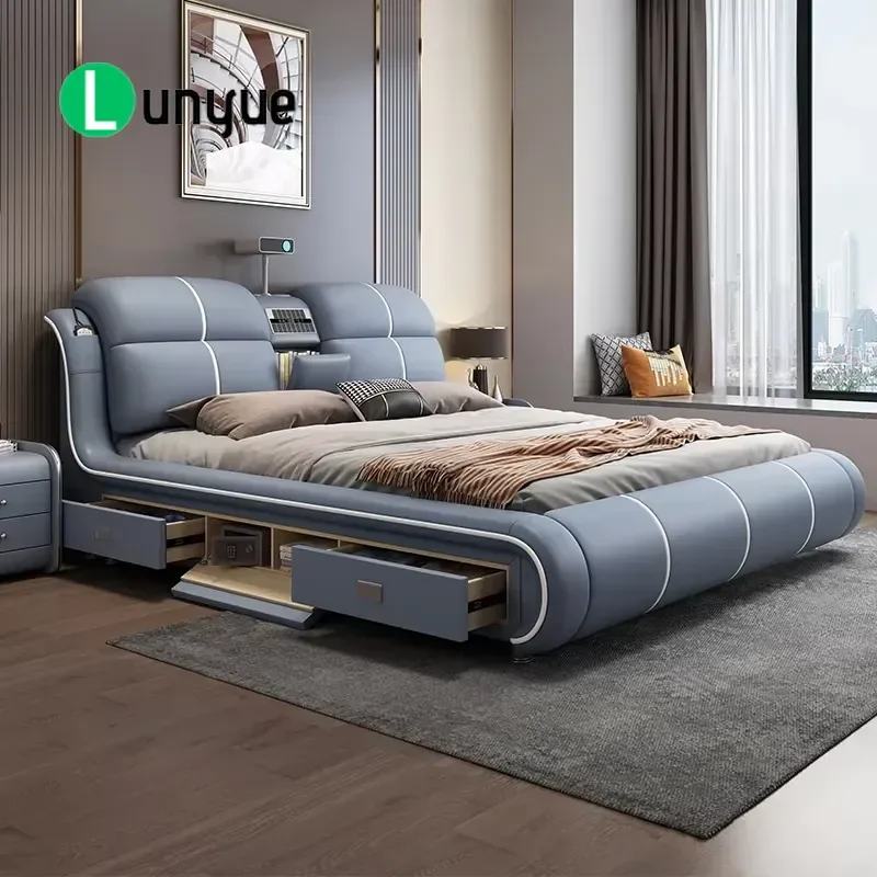 Smart Leather Bed with Massage Storage Stereo Air Purifier Projector Safe Luxury Bedroom Furniture Modern Home Decor