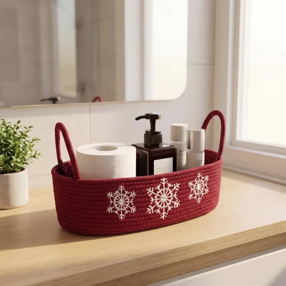 Oval Christmas Snowflake Embroidery Storage Basket Handmade Woven With Handle Snacks Storage Organizer Portable