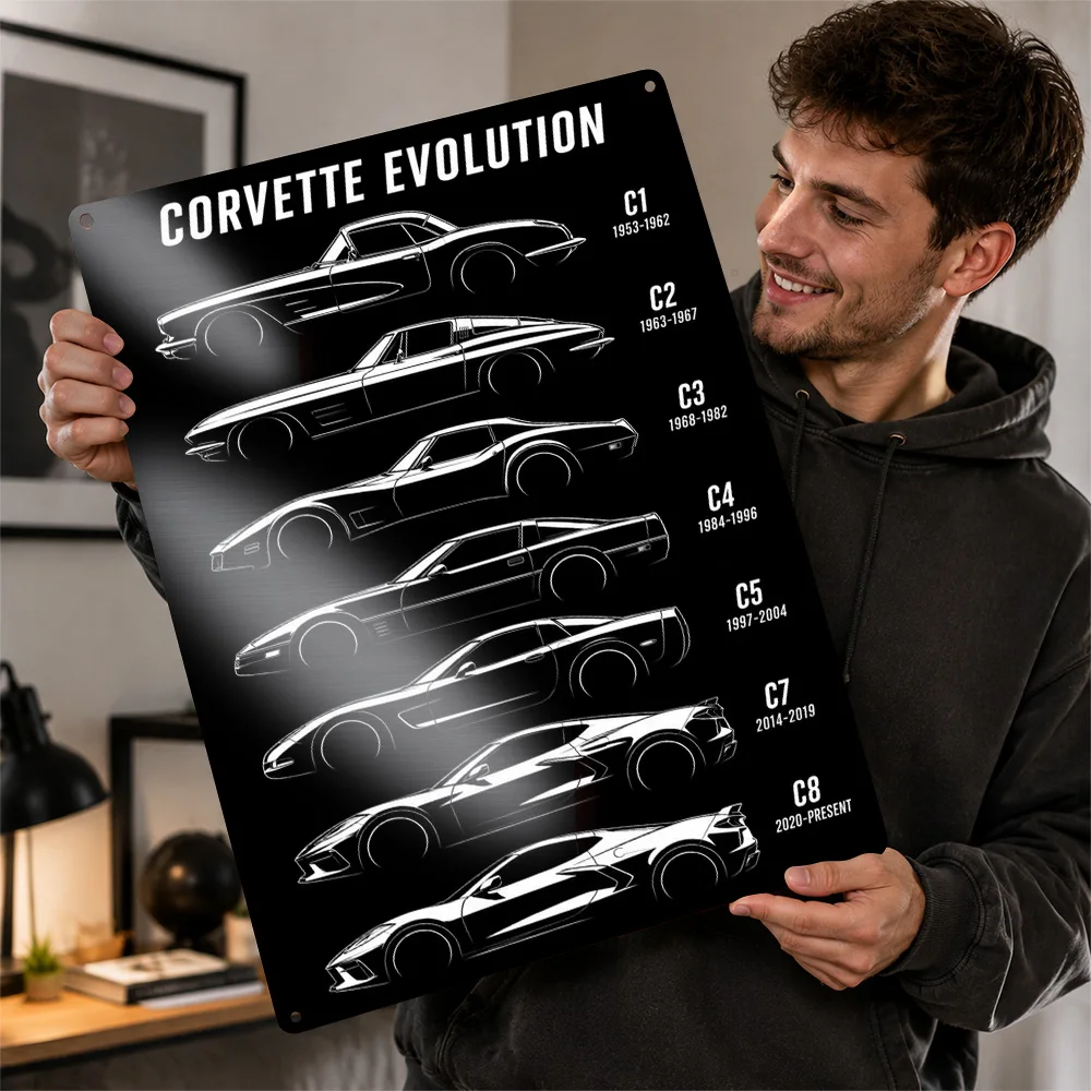 USA Corvette Evolution Sports Cars Printed Poster Customized Metal Sign Speed Icon Tribute Wall Art For Garage And Home Office