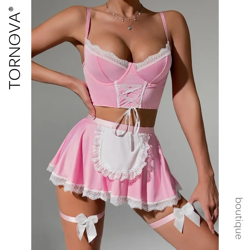 

Tornova Sexy Lingerie Suit for Women Sexy Lace Contrast Color Patchwork Strap Belt Tie Leg Circumference Seductive Uniform Set