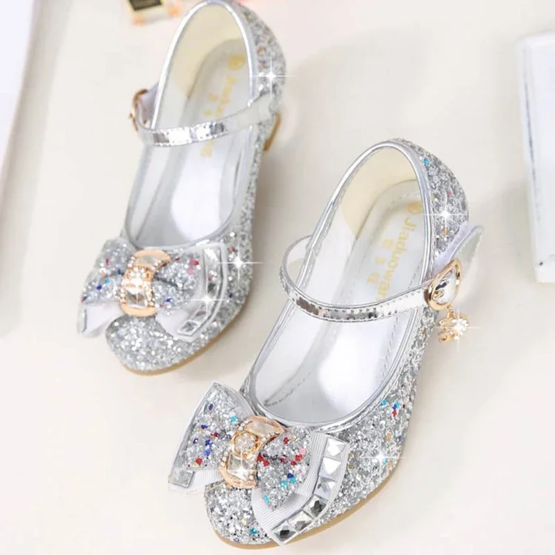 Children Girl Princess  Leather Shoes Kids Diamond Bowknot High Heel  Dance Glitter Shoes Fashion Girls Party Dance Shoe