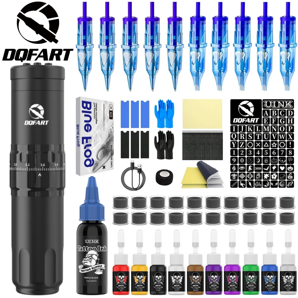 DQFART T1Pro Black Electric Wireless Tattoo Machine Colorful Led Digltal Display Supplies Accessories Tattoo Needles Tattoo Ink