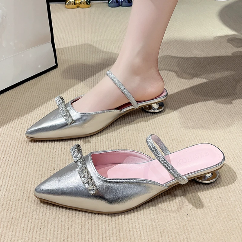 Women's Slippers Summer New Low Heel Pointy Rhinestone Bao Head Half Drag Casual Fashion Increase Special-shaped Heel Sandals