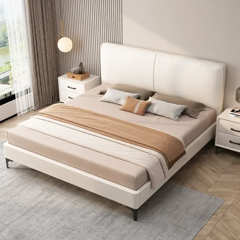 Solid Wood Upholstered Bed with Soft Fabric Headboard Queen Size Double Bed for Master Bedroom Modern Home Furniture