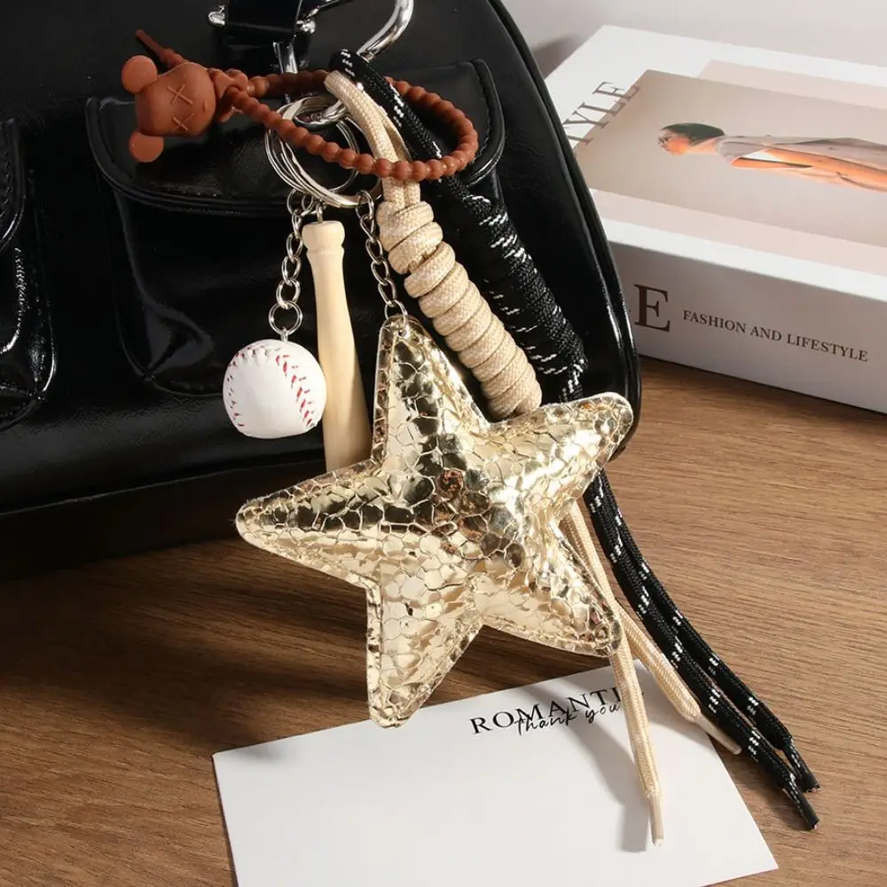 PU Leather Star Shaped Keychain Hanging Anti-Lost Woven Rope Bag Pendant Ins Bag Decoration Big Star Baseball Keyring