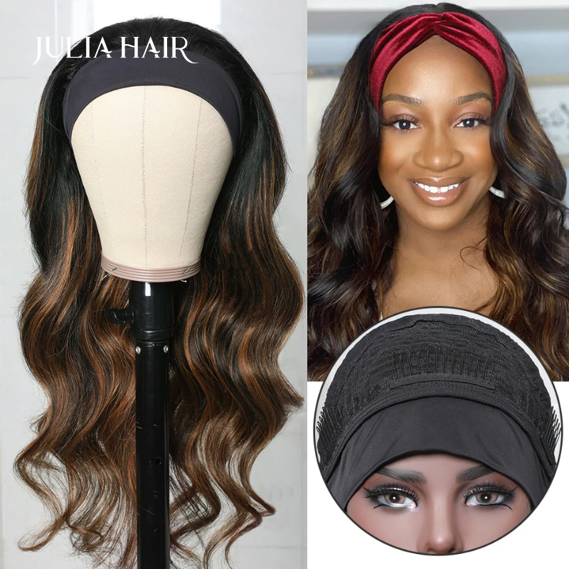 Julia Hair Headband Wig Human Hair Glueless Body Wave Wig Chocolate Brown Balayage Highlight Human Hair Wigs Beginner Friendly