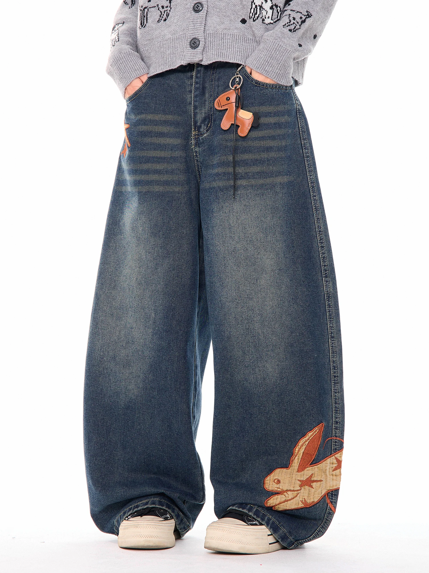 

Ретро-джинсы с вышивкой в американском стиле, широкие, женские, повседневные, свободного кроя, с эффектом потертости, MKGO, синие, хлопок/полиэстер