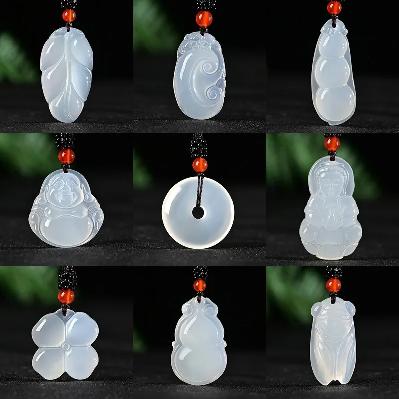 Natural White Chalcedony Guanyin Buddha Pendant Agate Necklace Ruyi Fudou Gourd Safety Buckle Pendant