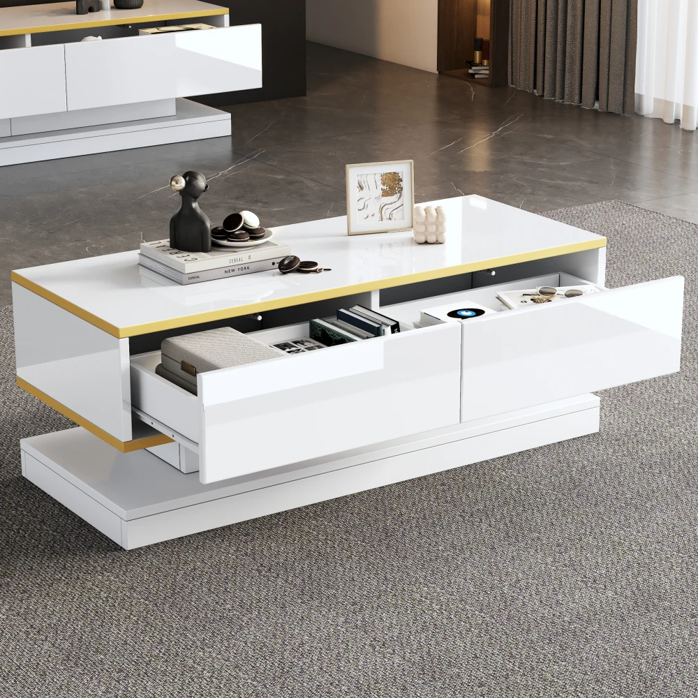 High Gloss Coffee Table 100 50 38cm Warm White with Gold Trim Sofa Side Table with 2 Large Drawers Unique Living Room Table Narrow Middle Wide Top and Bottom Design