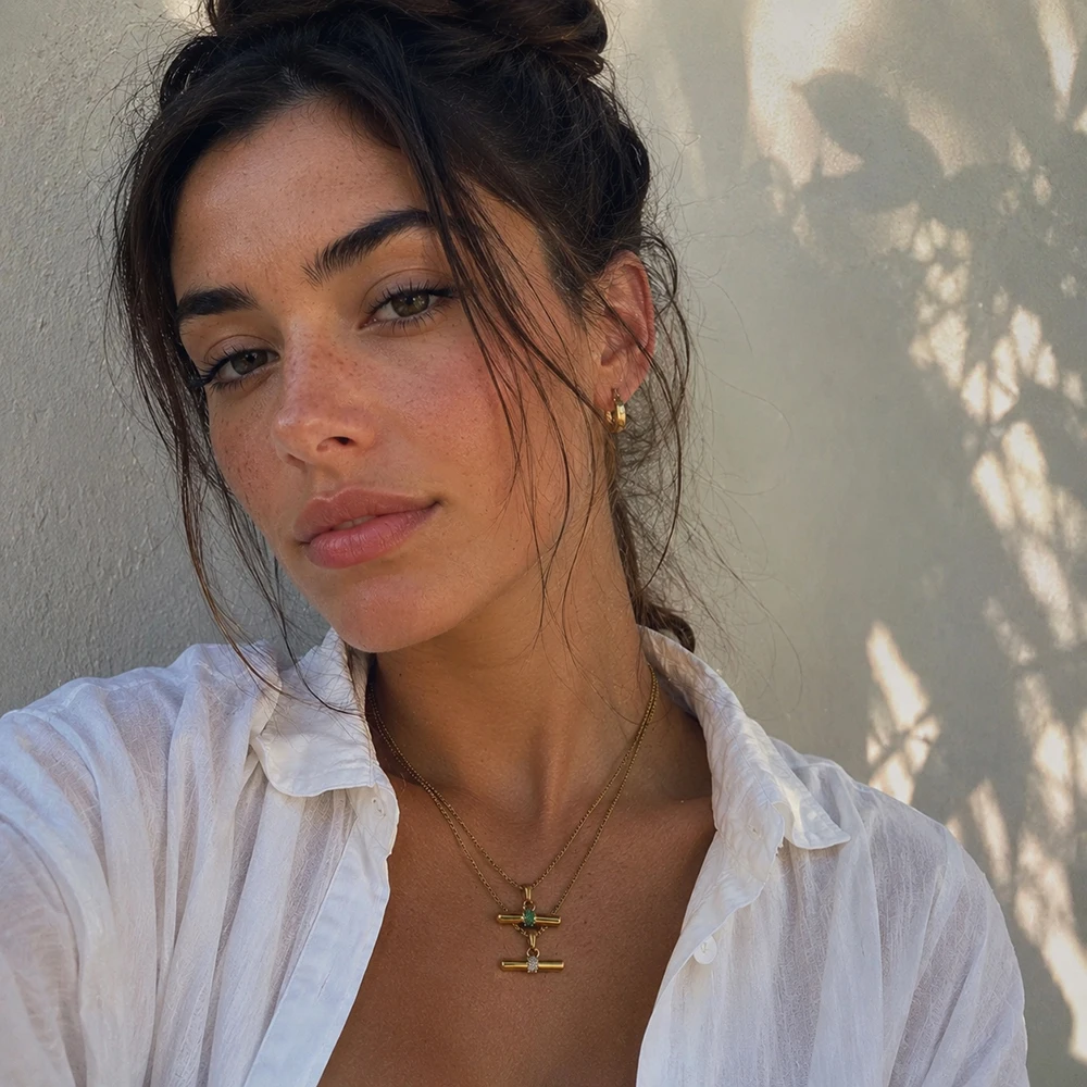 MamacitaSlay Bohemian 316L Stainless Steel CZ Pendant T Bar Necklace 18K Gold Plated Waterproof Minimalist Jewelry For Women Men