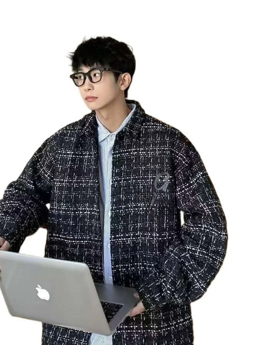 

Loose Fit Plaid Thin Jaet Towel Embroidered Lapel Coat Men's Winter Outerwear Long Sve Regular Length Side ket