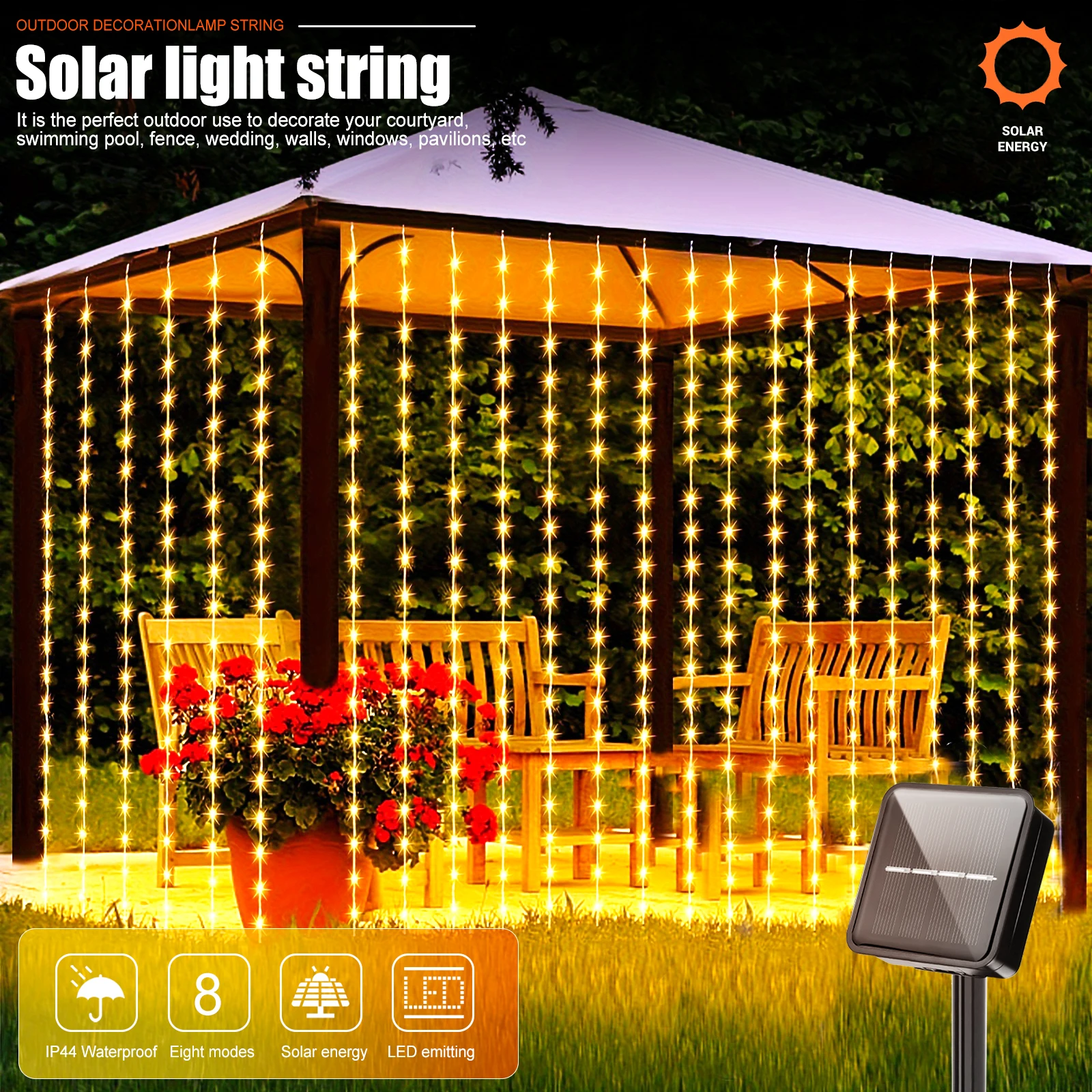 1 Pack Waterproof Solar Curtain String Lights - 8 Modes Fairy Light For Outdoor, Weddings, Party, Garden,Pavilio Christmas Decor