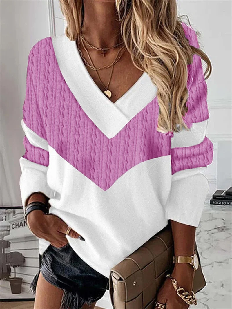 Women's Splicing V Neck Casual T-Shirt Elegant Long Sleeve Pullover Tees Female Autumn Fashion Street Digital Print Daily Tops