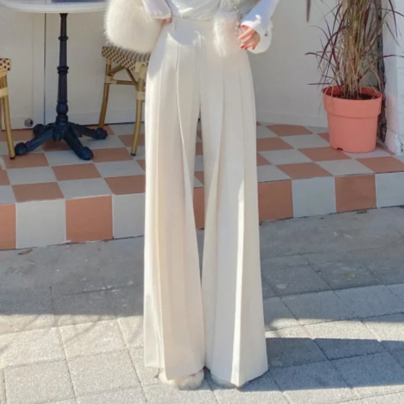 

Elegant Women's Long Wide Leg Pants High Waist Casual Straight Floor-length Draping Trousers Solid Color OL Pleated Khaki Pants