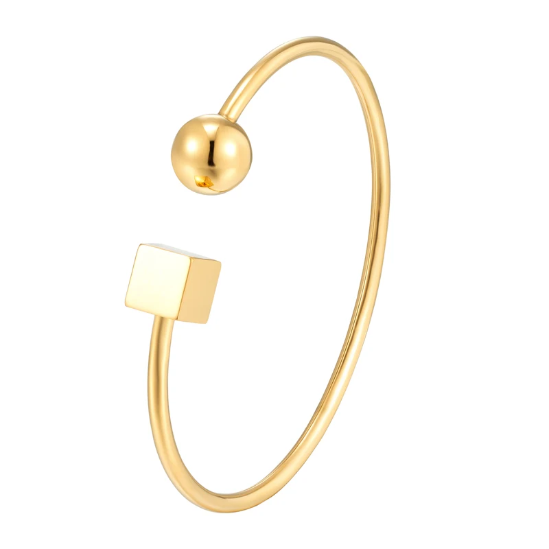 Square and Ball Ornament Open Bangle For Women Stainless Steel Metal Texture Bracelet 18K Gold PVD Gold Plated Jewelry