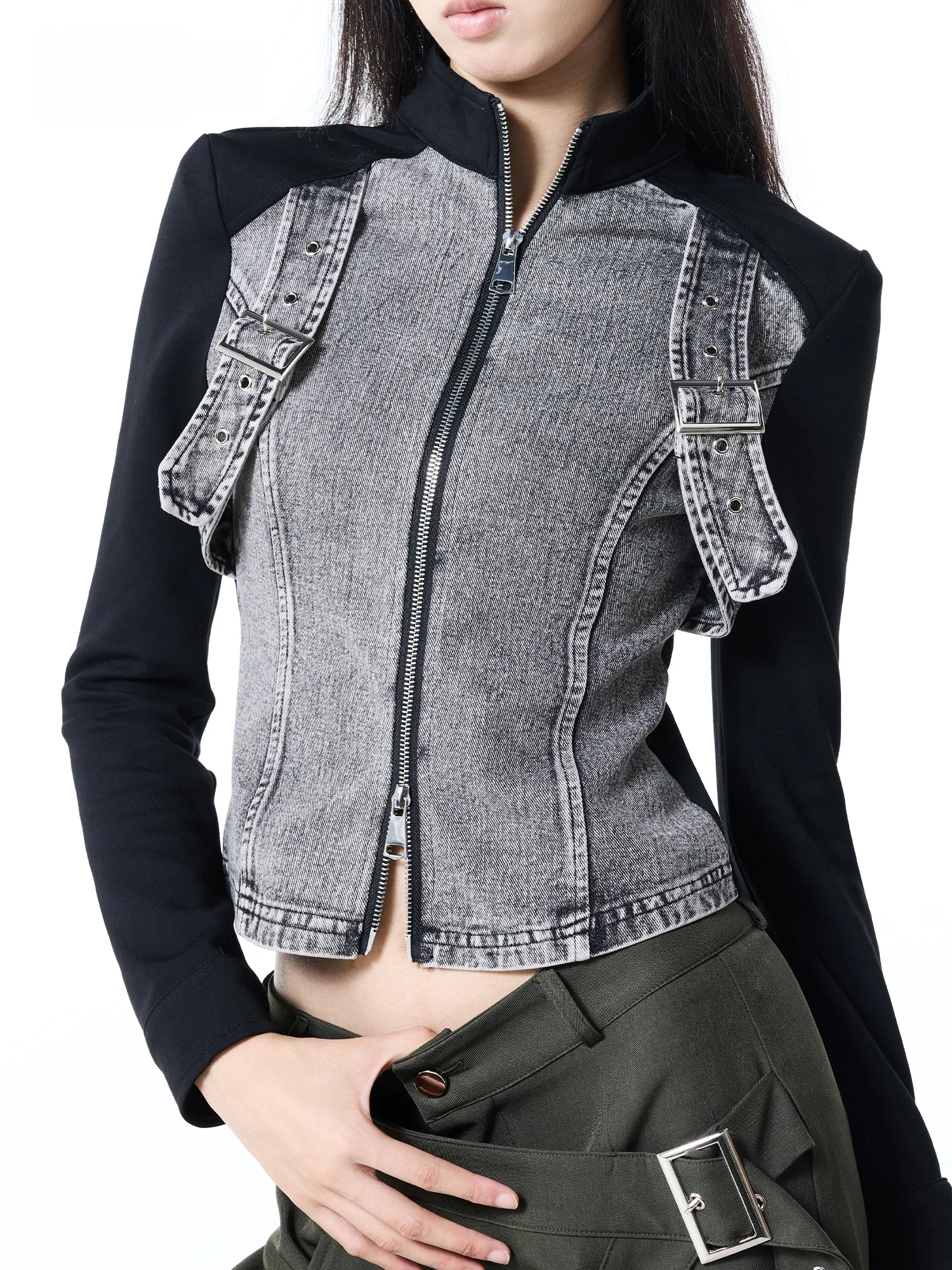 Autumnal Denim Patchwork Knitted Zipper Top High Waist Slimming Functional Design Comfortable Versatile Trendy Women's Jacket