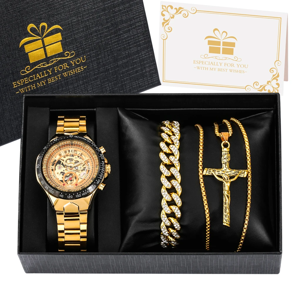 Luxury Men\'s Watch Necklace Gifts Set Automatic Mechanical Golden Watches Bracelet Set for Men Roman Numeral Wristwatch reloj