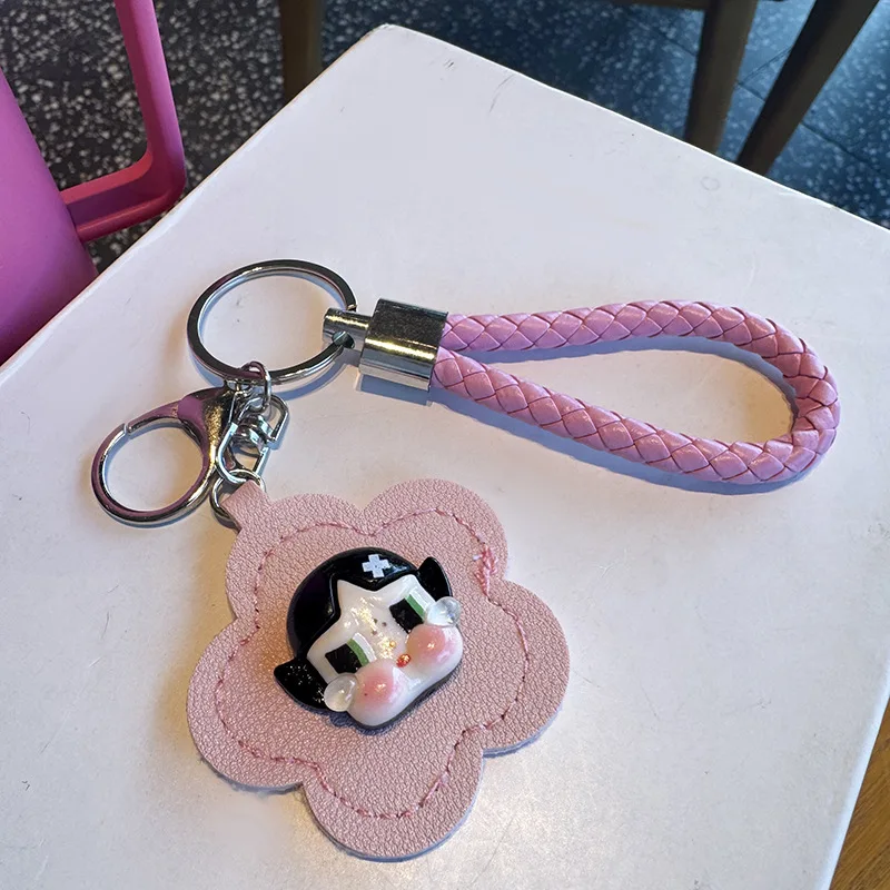Cute Leather Flowers Portable Mirror Pendant Keychain Fashion Rabbit Hat Ponytail Cryring Girl Mirror Protective Cover Keyring