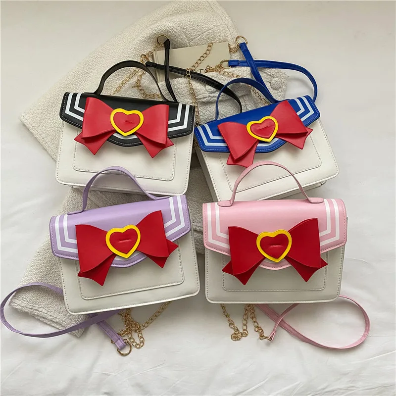 Japanese anime peripherals cute cartoon magic girl bow contrast color pu messenger bag personality women bag