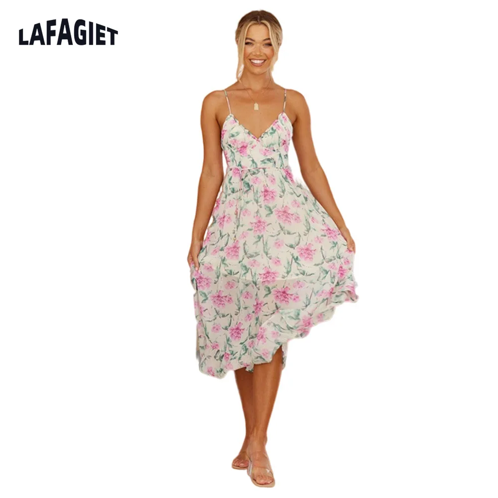 ผู้หญิงสลิงเซ็กซี่ฤดูร้อน Floral V คอหลวมยาวชุดปาร์ตี้ชุดวินเทจดอกไม้ชุดสวมใส่อย่างเป็นทางการสำหรับผู้หญิง