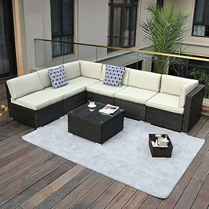 7 Pieces Patio Furniture Set, Outdoor Sectional Sofa PE Rattan Wicker Conversation Set Outside Couch with Table