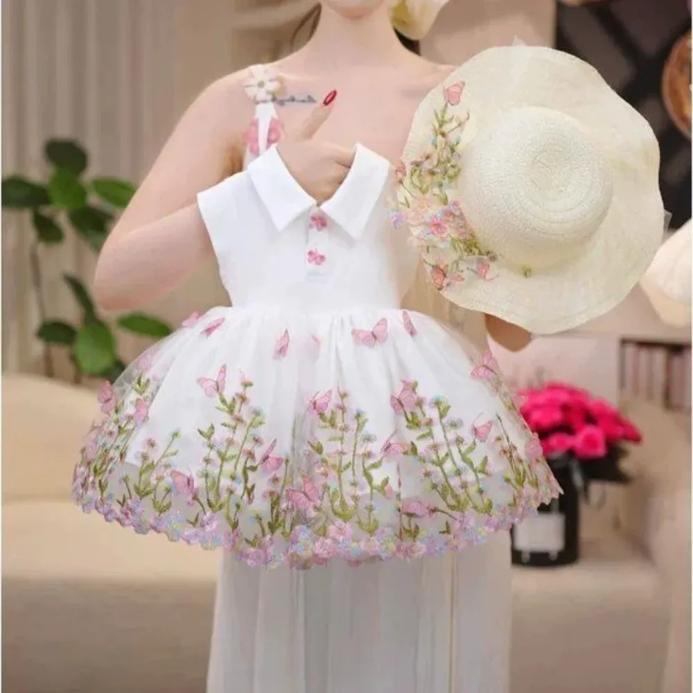Summer 2-8 Year Old Girl Princess White Mesh Dress Polo Collar Butterfly Embroidery Costume with Hat Included Korean Version