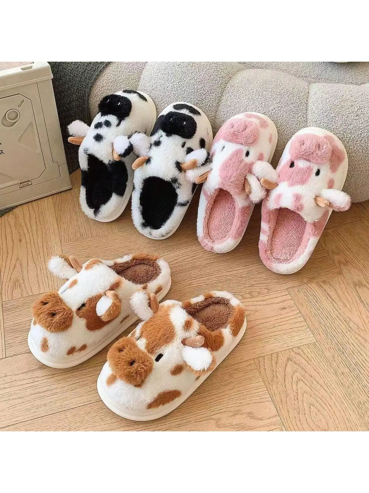 Women's Slippers with Spotted Cow Hair and Indoor Slippers, Warm and Thick-Soled Plush for Autumn and Winter