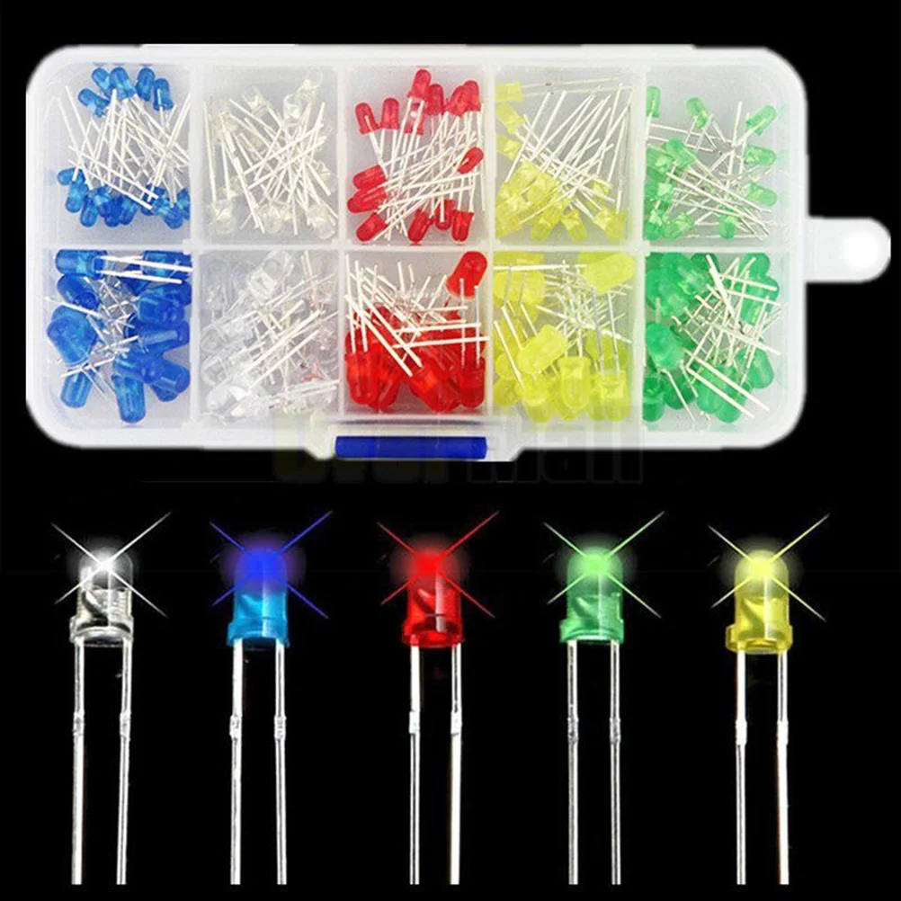 

200Pcs LED Diode Kit 3mm 5mm Assorted Red Yellow Blue Green White Diffused Light-Emitting Diodes Set for Electronics
