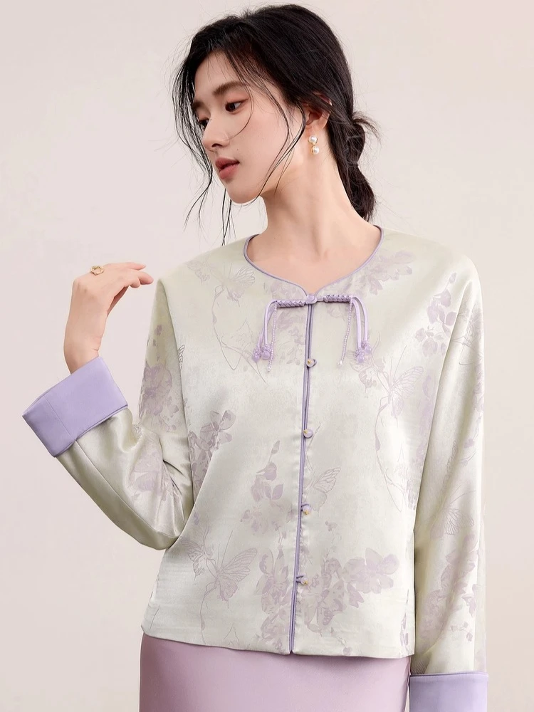 SENTUBILA Elegant Chinese Style Jackets For Women 2025 Autumn Luxury Loose Floral Print Coat Crew Neck Party Outerwear Q53WL3114
