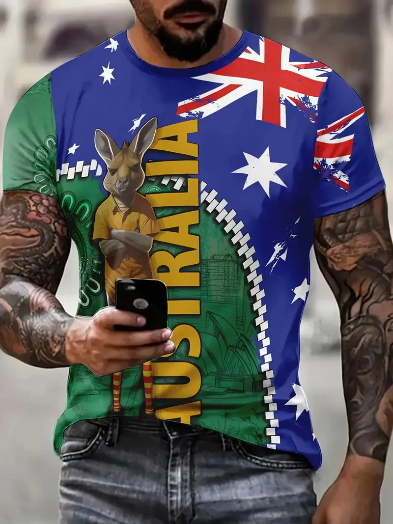 Men's Australia Flag Graphic T-Shirt New In Happy Australia Day Digital Print Tshirts Casual Short Sleeve Crew Neck Tee Shirts