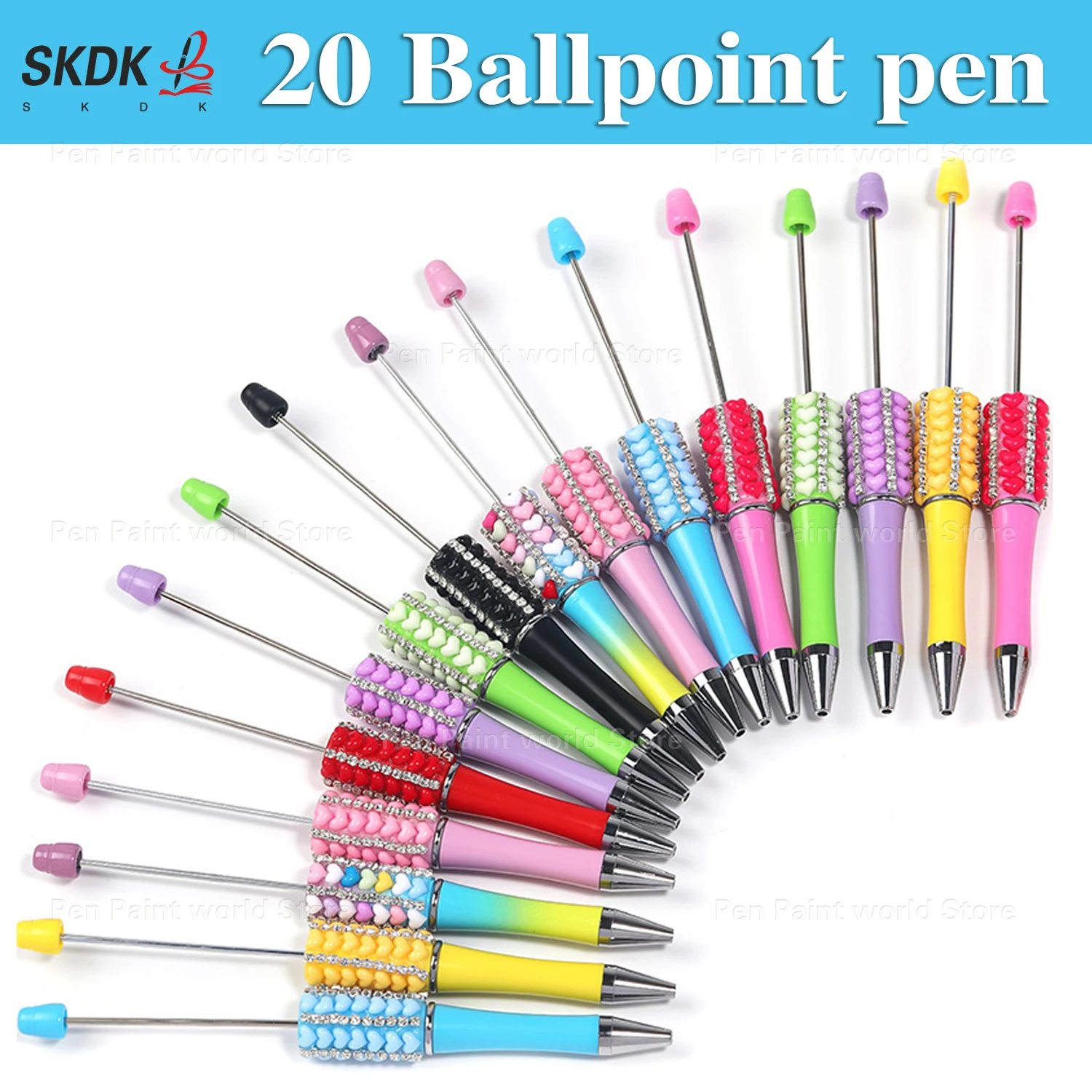 

20Pcs DIY Heart Bead Pen with Rhinestones – Ballpoint Pen Gift for Creatives, Office & Home Use