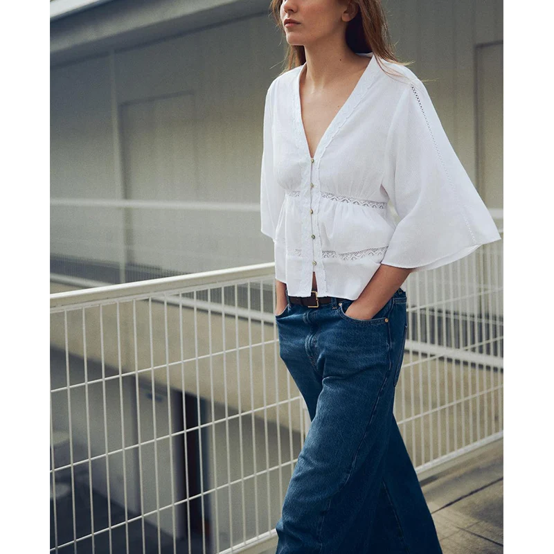 Cárdigan abierto con manga de campana blanca, cuello en V hoado, decoración de encaje Vertical, estilo de viaje, fibra de p...