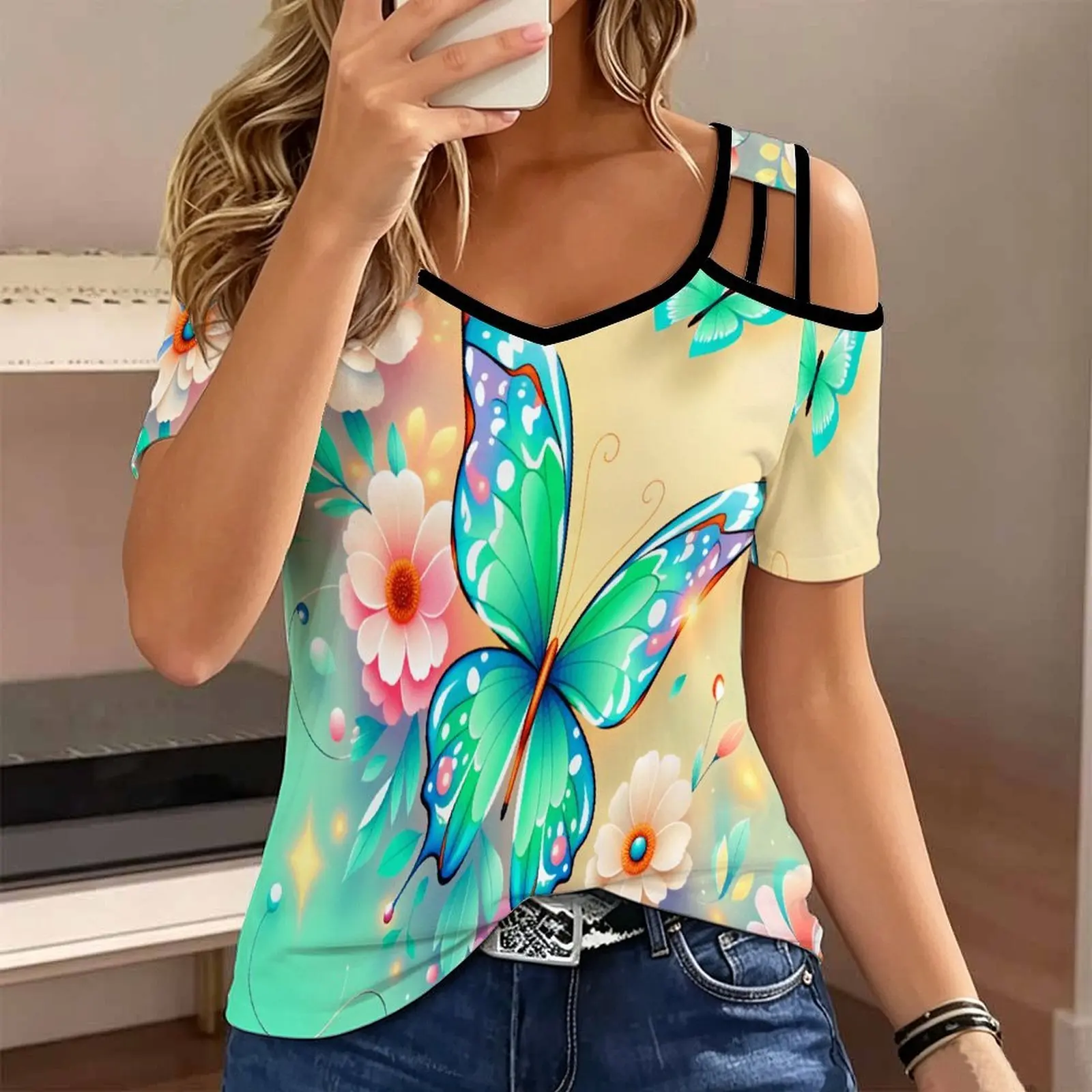 Plus Size Summer Female Fashion Slim V Neck Cold Shoulder Top Retro Elegance Print Women’s T Shirt Everyday Commuting Clothing