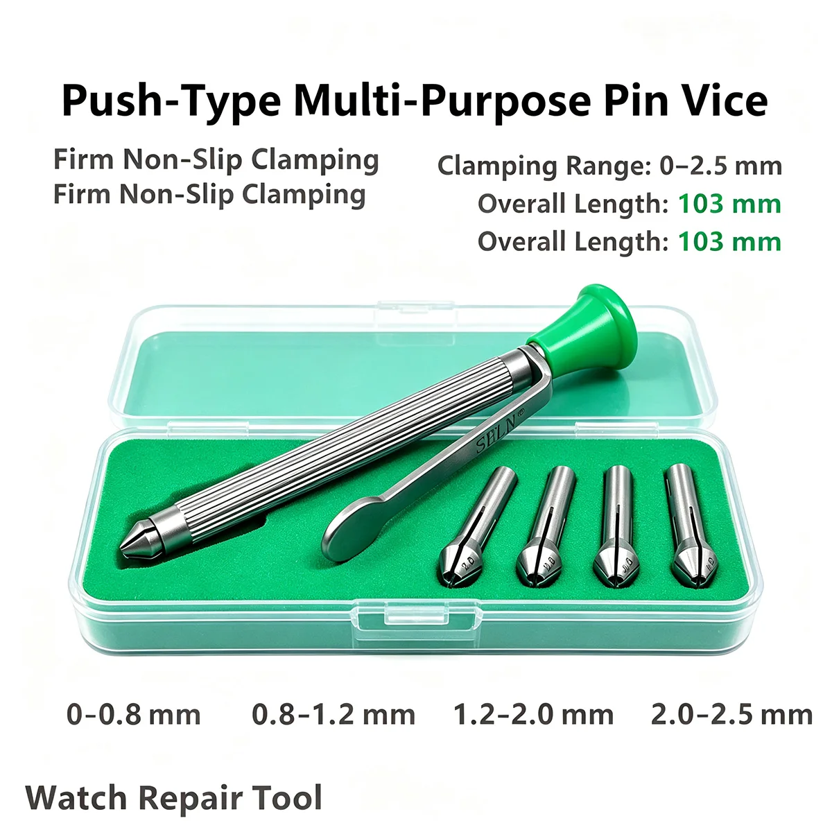 Professional Push-Type Multi-Purpose Pin Vice Watch Repair Tool with Four Interchangeable Collets 0-2.5mm Clamping Range