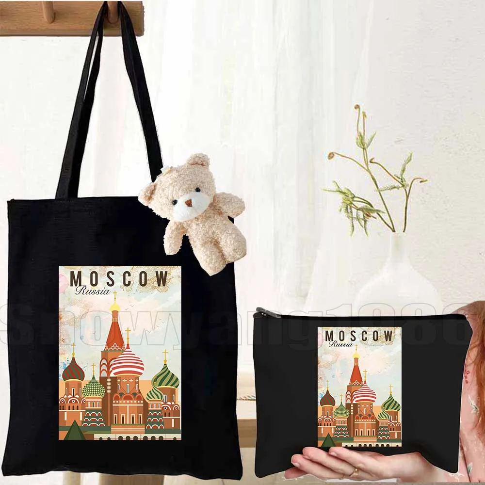 3pcs Russia Map Flag Russian Moscow Canvas Shoulder Tote Bag Matrioshka Nesting Doll Cathedral Women's Shopping Reusable Handbag